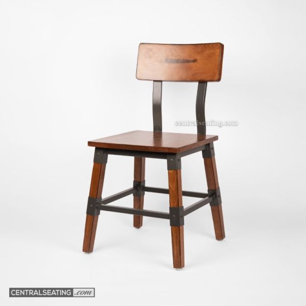 RUSTIC WALNUT WOOD DINING CHAIR WITH METAL FRAME ACCENT
