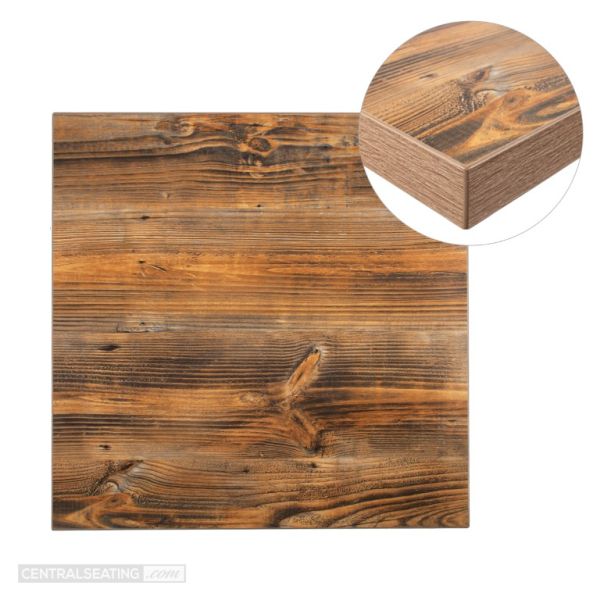 robust laminated table top, carbonized wood finish