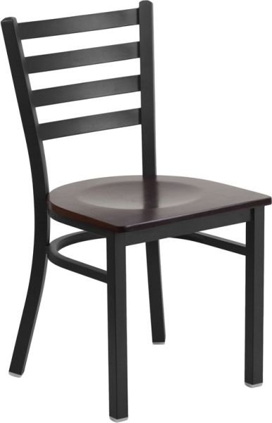 Heavy Duty Ladder Back Metal Restaurant Chair, Black Frame with Walnut Wood Seat SC445BW