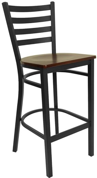 Heavy Duty Ladder Back Metal Barstool, Black Frame with Mahogany Wood Seat SB445M