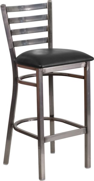 Heavy Duty Ladder Back Metal Barstool, Clear Coat Silver Frame With Black Cushion Seat SB444B 