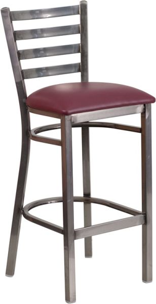 Heavy Duty Ladder Back Metal Barstool, Clear Coat Silver Frame With Burgundy Cushion Seat SB444BR