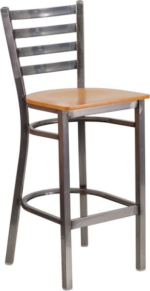 Heavy Duty Ladder Back Metal Barstool, Clear Coat Silver Frame With Natural Wood Seat SB444N