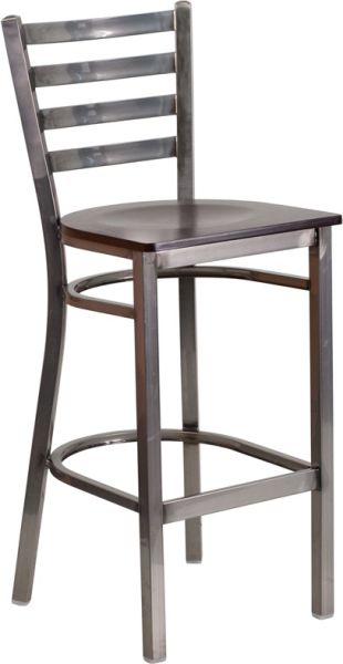 Heavy Duty Ladder Back Metal Barstool, Clear Coat Silver Frame With Walnut Wood Seat SB444W