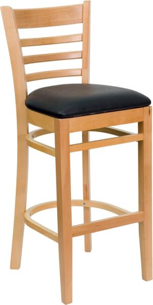 Elegant Wood Barstool | Natural Frame | Black Vinyl Cushion | Commercial-Grade Construction